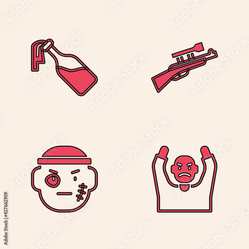 Set Thief surrendering hands up, Cocktail molotov, Sniper rifle with scope and Bandit icon. Vector