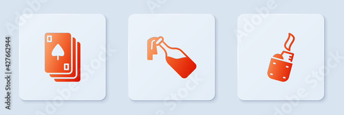 Set Cocktail molotov, Playing cards and Lighter. White square button. Vector