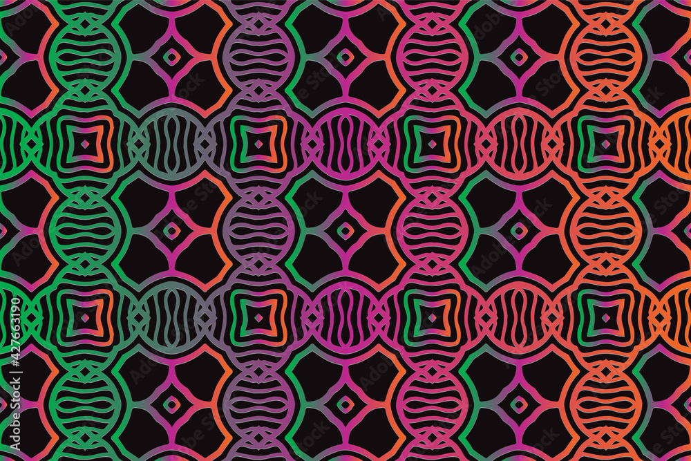 Unique ethnic neon pattern on a black background in the style of the peoples of Africa, Mexico. 3d geometric ornament in different colors for design and decor.