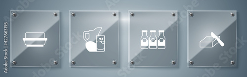 Set Butter in a butter dish, Bottle with milk, Milk jug or pitcher and glass and . Square glass panels. Vector