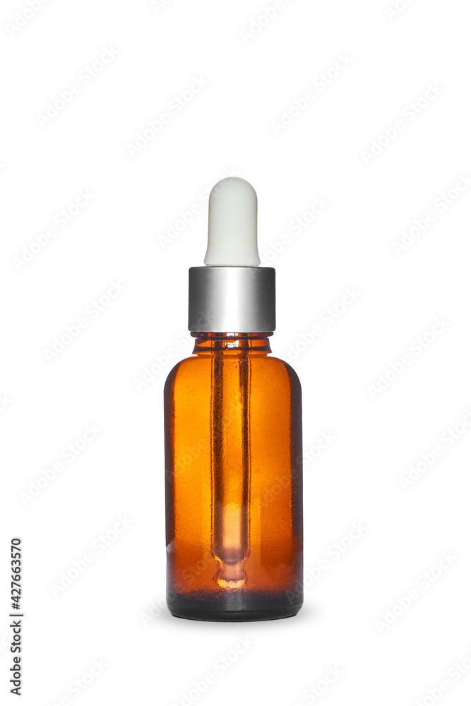 Amber dropper glass bottle on white background. Isolated and mockup