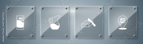 Set Cheese, Butter in a butter dish, Milk jug or pitcher and Glass with milk. Square glass panels. Vector