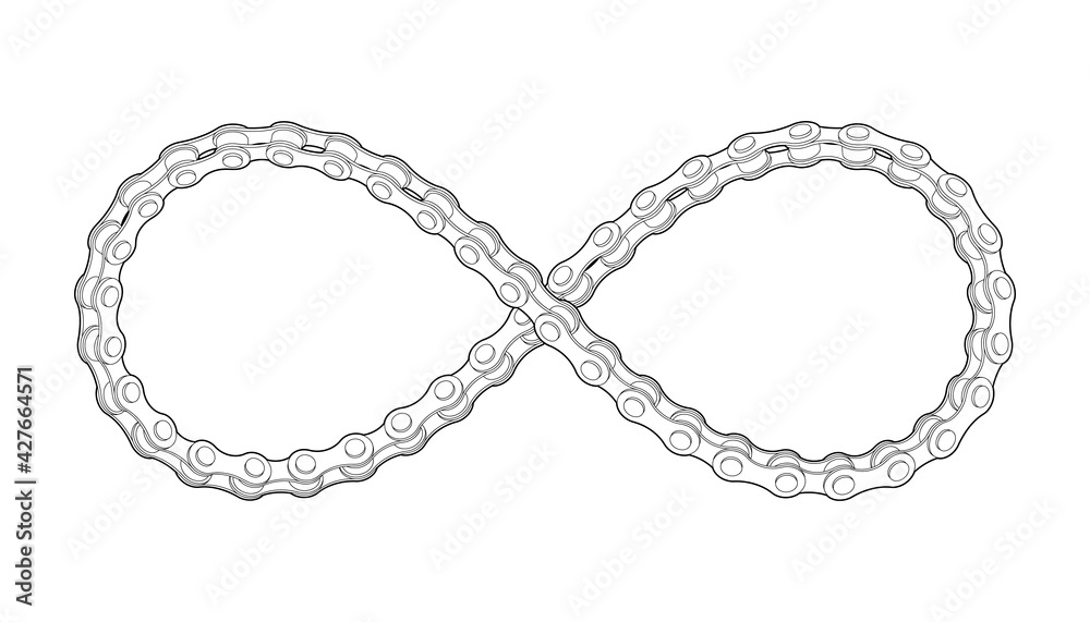 Bicycle chain twisted like Infinity sign. Symbol of a cycling lifestyle. Vector editable outline illustration.