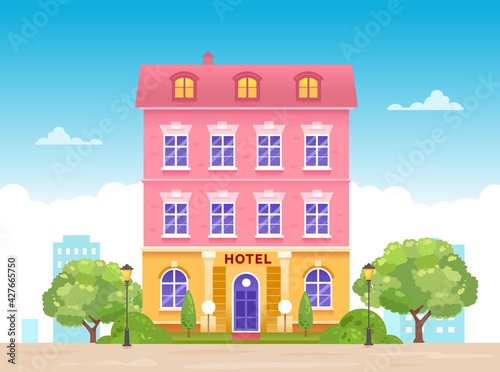 A hotel building with a road with lanterns and vegetation at the entrance on a white background against the backdrop of a modern city with trees. Vector flat illustration