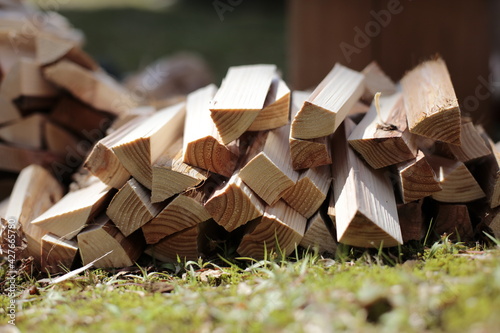 Schilderij op canvas Pile of firewood on the grass in the garden