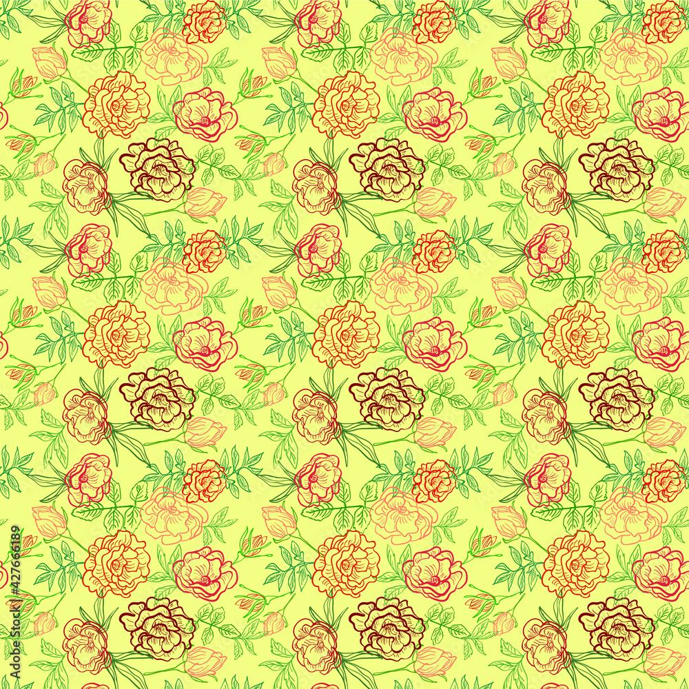 Flower seamless pattern on yellow background with the roses painted in outline style