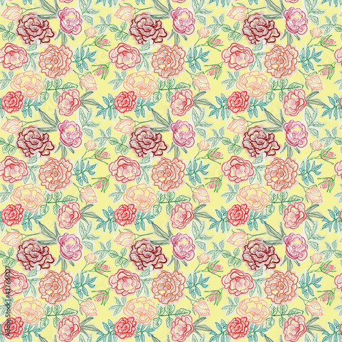 Watercolor roses pattern with yellow background