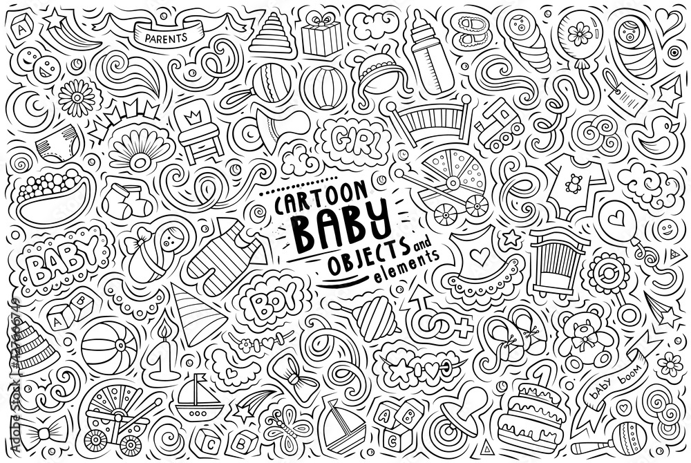 Cartoon set of Baby theme items, objects and symbols