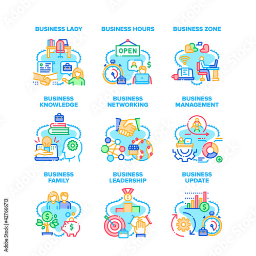Business Update Set Icons Vector Illustrations. Business Zone And Hours, Family And Lady, Businesswoman And Leadership, Management And Knowledge, Network And Online Color Illustrations