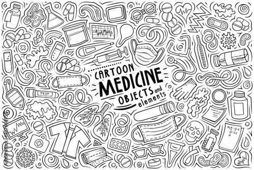 Cartoon set of medicine theme items  objects and symbols