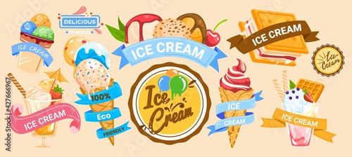Ice cream banner, sweet delicious food, fresh cone template, snack dessert logo, design, in style cartoon vector illustration