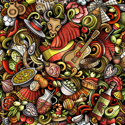 Cartoon doodles Spain seamless pattern. Backdrop with Spanish culture items