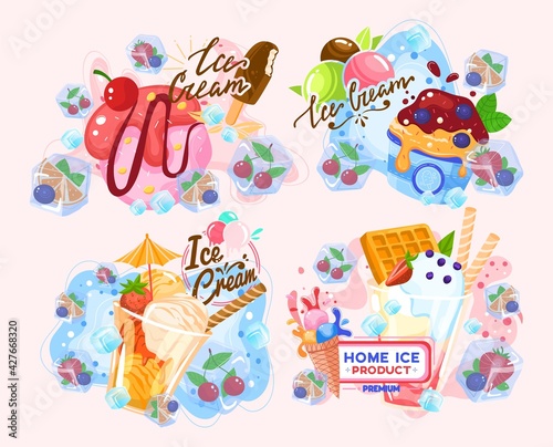 Ice cream, fruit summer dessert strawberry, sweet cold chocolate, cone snack, design, in style cartoon vector illustration.