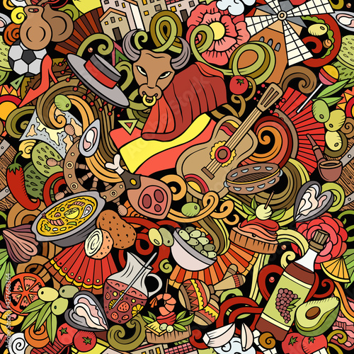 Cartoon doodles Spain seamless pattern. Backdrop with Spanish culture items