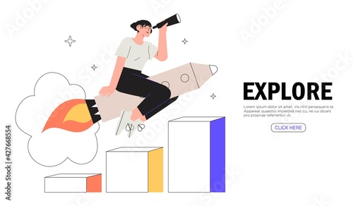 Successful ambitious woman moving high on rocket banner, landing page. Business motivation, startup launch and development. Explore new spheres, business growth, successful strategies search concept.