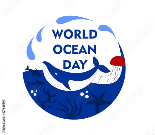 world ocean day design template with whale on circle frame vector illustration