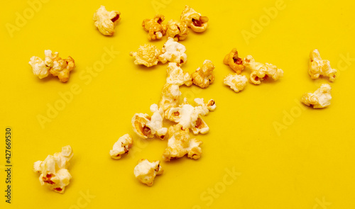 Close-up of popcorn on a yellow background.