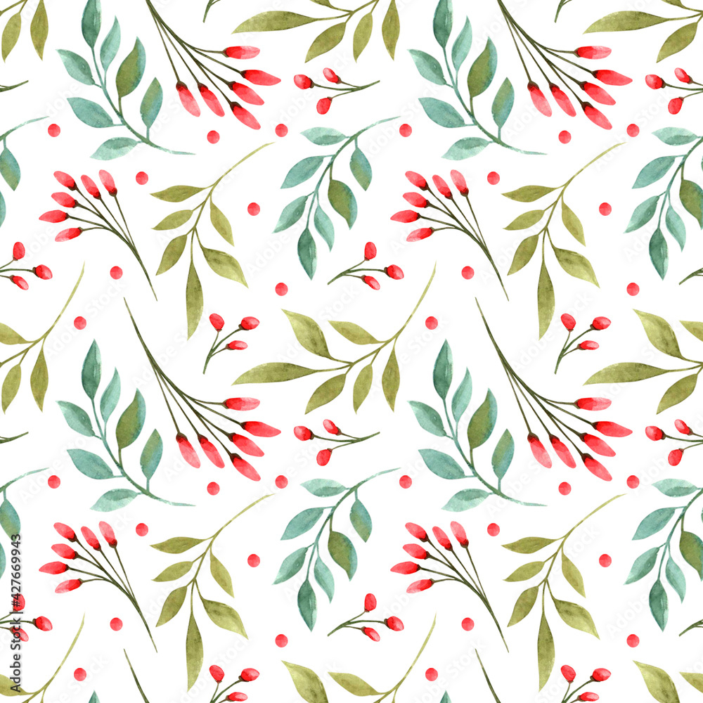 Seamless pattern of watercolor leaves and red berries on a white background. Seamless pattern of watercolor leaves and red berries on a white background.