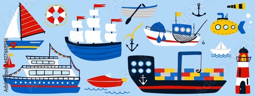 Boat and ship set. Cartoon hand drawn colorful sail childish collection, sailing yacht, sailboat and submarine, lifebuoy and anchor, kids design elements. Baby adventure and travel vector isolated set