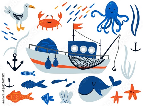 Fishing boat and underwater animals set. Cartoon hand drawn sail childish collection, water transport sailboat and fishes, octopus and krab kids design elements. Baby adventure and travel vector set