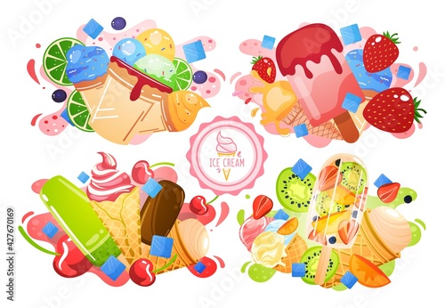 Ice cream sweet  summer cold dessert  flavor label  delicious scoop appetizer  design  cartoon style vector illustration.