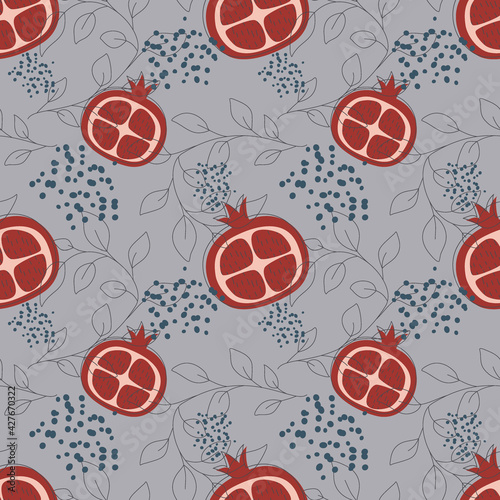 Red garnet on blue background fruit seamless pattern. Vector illustration of an infinite pattern with linear leaves and colored drops. Ripe juicy fruits in a flat linear style