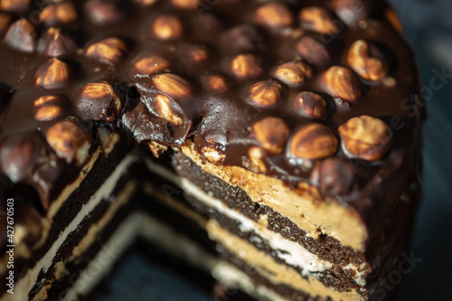Homemade cold chocolate cake with hazelnuts, chocolate dessert background, selective focus