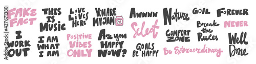 Vector hand drawn collection set of calligraphy lettering quotes and words. Pink and black color