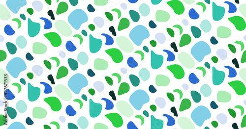 Stone colorful pebble seamless pattern. Vector illustration summer positive background. Colorful modern trendy season sea ocean backdrop in blue and green colors on white background