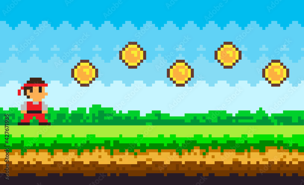 Naklejka premium Pixel-game ninja male brave character. Pixelated natural landscape with warrior near golden coins