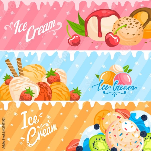 Ice cream set  summer banner  round dessert template  collection  orange sugar  design  in style cartoon vector illustration.