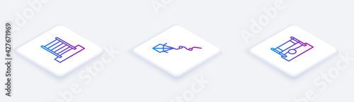 Set Isometric line Swedish wall, Kite and Volleyball net with ball. White square button. Vector