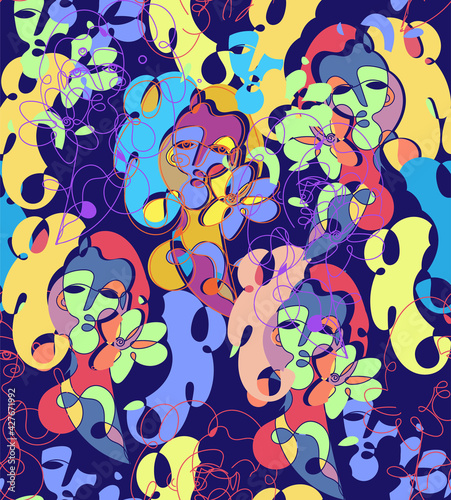 Colored spotted seamless pattern with surreal face pretty woman in flat style. Concept of love and friendship between human and plant. Bright female abstract character in holyday mood. 