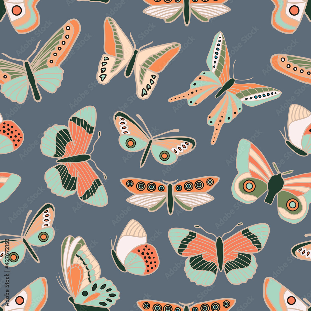 Colorful spring nature butterfly hand drawn seamless vector pattern