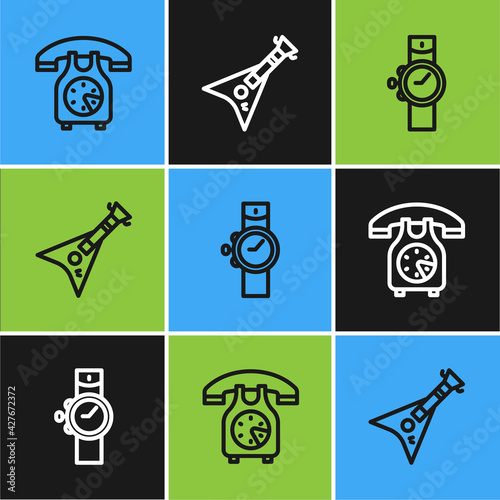 Set line Telephone handset, Wrist watch and Electric bass guitar icon. Vector