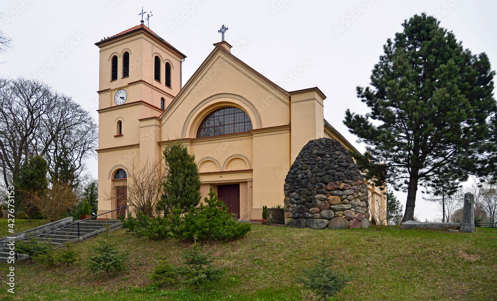 A general view of the neoclassical Catholic church of St. of Saint Anthony of Padua in the town of Gąski in Masuria in Poland
