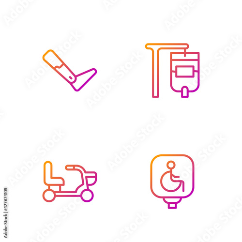 Set line Disabled wheelchair, Electric, Prosthesis leg and IV bag. Gradient color icons. Vector