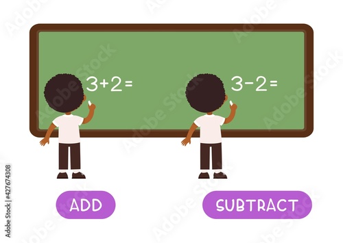 Add and subtract antonyms word card,  opposites concept. Flashcard for English language learning. Little African schoolboy writes a mathematical example on the blackboard