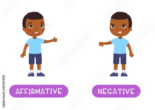 Affirmative and negative antonyms word card, Opposites concept. Flashcard for English language learning. Joyful African little boy shows thumbs up in agreement, a disgruntled dark skin child shows thu
