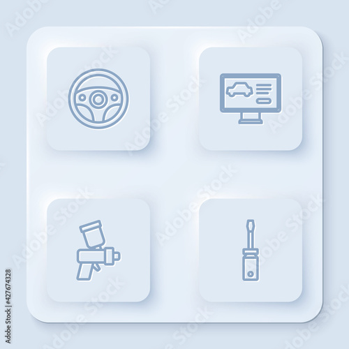 Set line Steering wheel, Diagnostics condition of car, Paint spray gun and Screwdriver. White square button. Vector