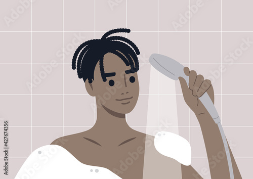 Daily routine, a young male Black character taking a shower in the morning, soap foam and hot water