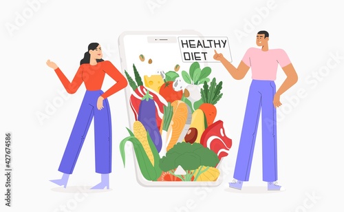 Concept of healthy diet. Online order food or a diet plan. Balanced nutrition, healthy eating, dietetic products, organic products, online nutrition.