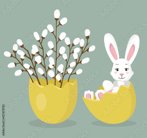 Flat style illustration. Easter rabbit sitting in the egg. There are pussy willows sprigs in another egg shell. You can use it for greeting cards or another Easter decorations.