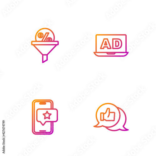 Set line Customer product rating, Mobile with review, Lead management and Advertising. Gradient color icons. Vector