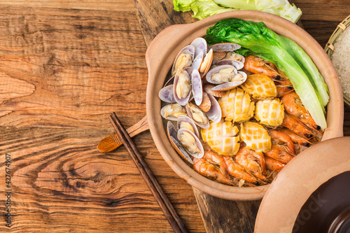 Cantonese style seafood rice pot