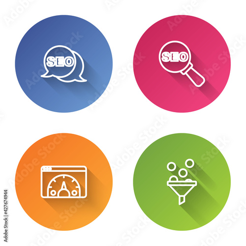 Set line SEO optimization, , Website statistic and Lead management. Color circle button. Vector