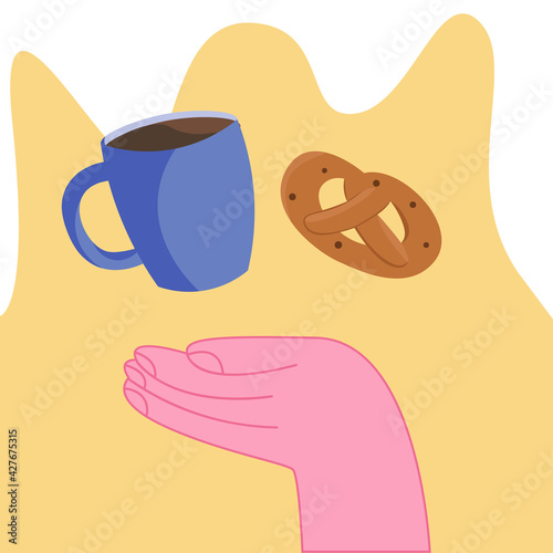 A large pink hand holds a cup and a roll. 