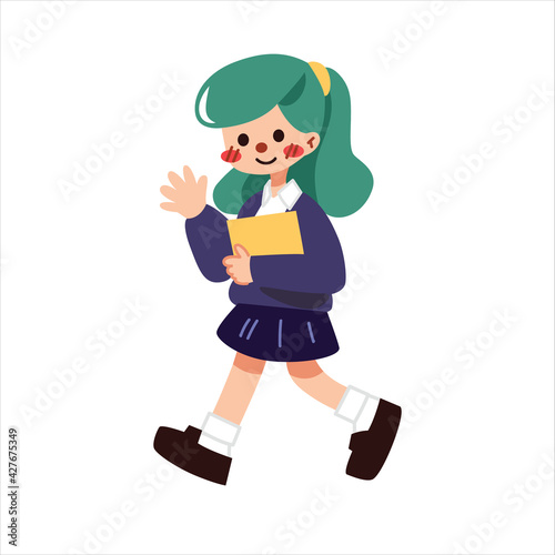 A cute girl walking to school with school uniform white isolated background flat vector illustration. Welcome back to school concept.