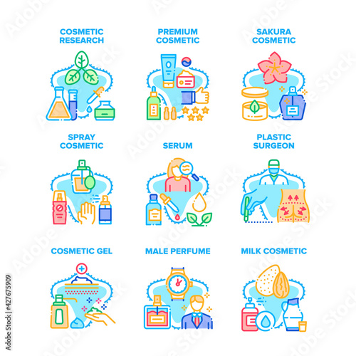 Cosmetic Research Set Icons Vector Illustrations. Serum And Gel, Male Perfume Spray And Aromatic Lotion Premium Cosmetic Prepared From Sakura And Milk. Plastic Surgeon Treatment Color Illustrations