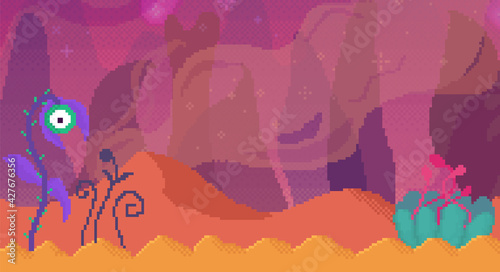 Space flowers with large petals  leaves and eyes. Orange pixelated alien street with unknown plants